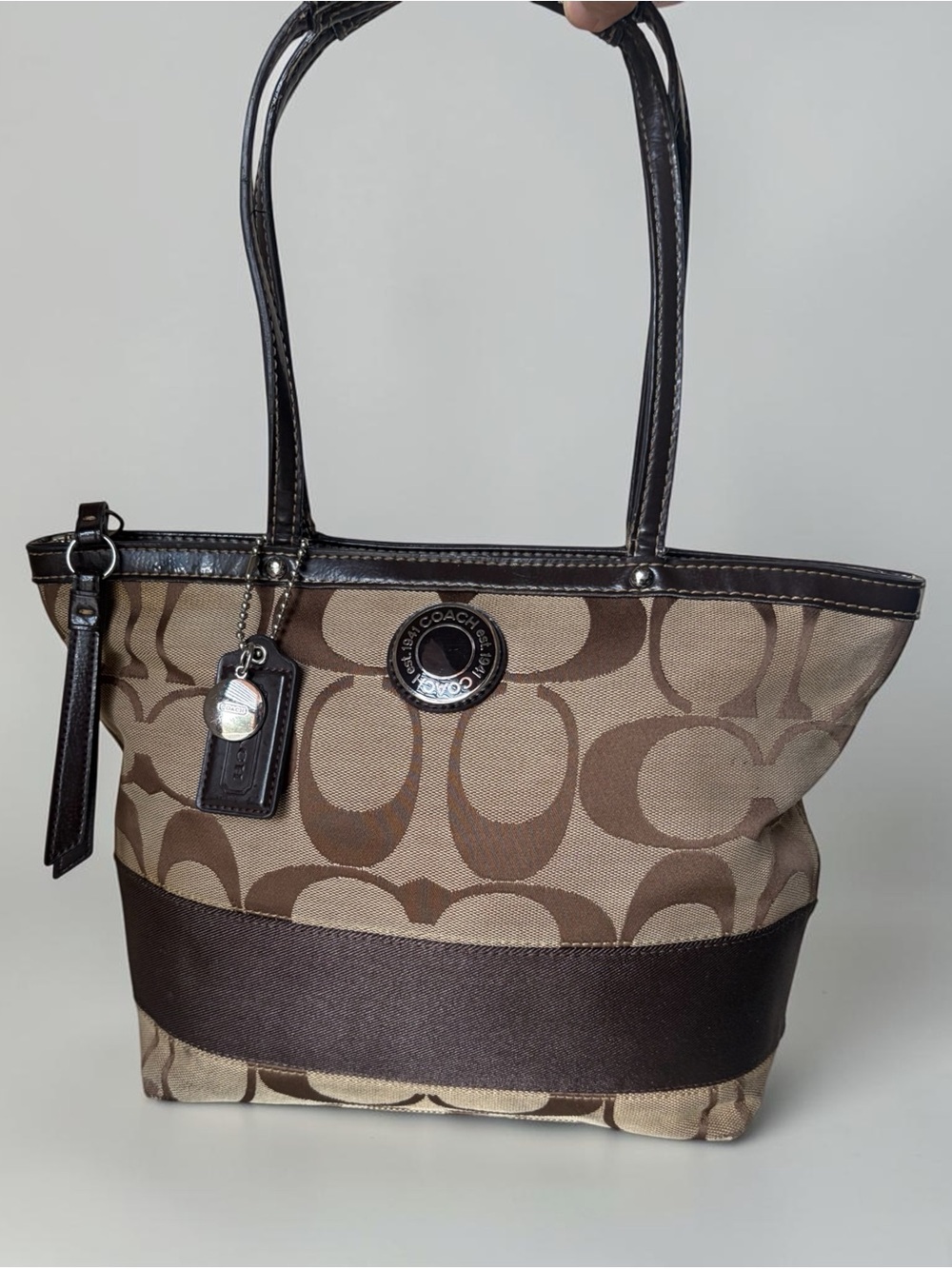 Coach Signature Jacquard Monogram Stripe Khaki Mahogany tote handbag F17433